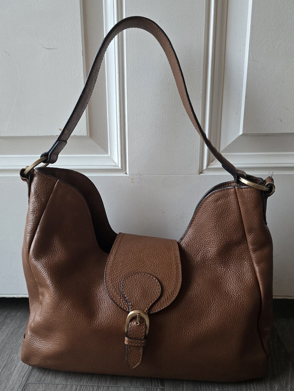 J. Jill Cognac Pebbled Leather Hobo Shoulder Bag Gold Hardware Flap Front